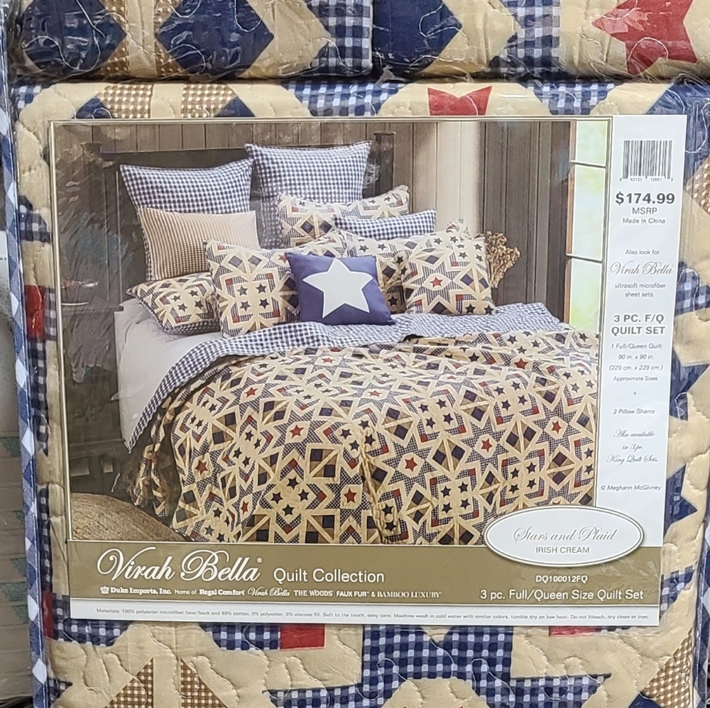 Virah Bella Stars & Plaid Irish Cream Quilt Set